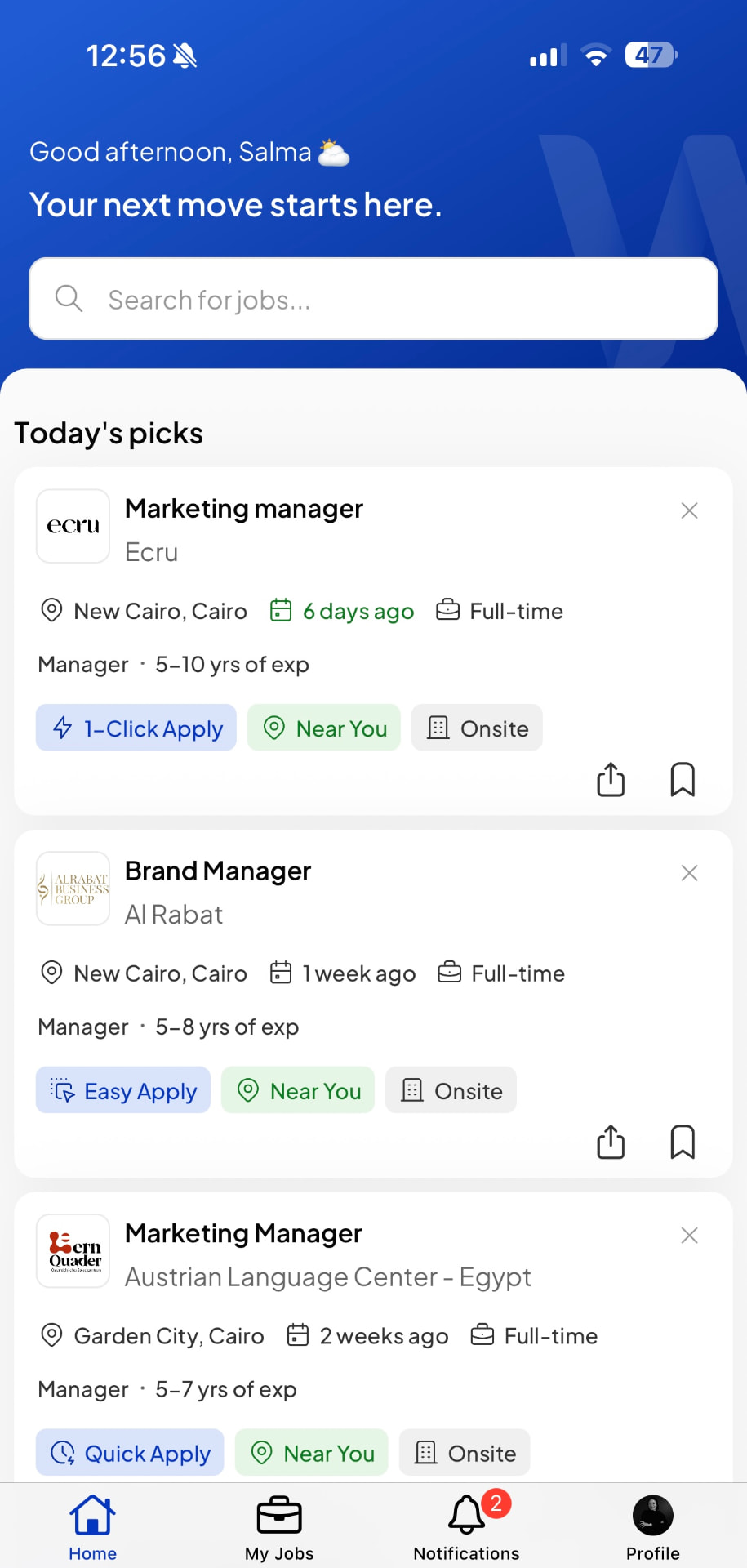The WUZZUF App home screen with today's job picks and one-click apply